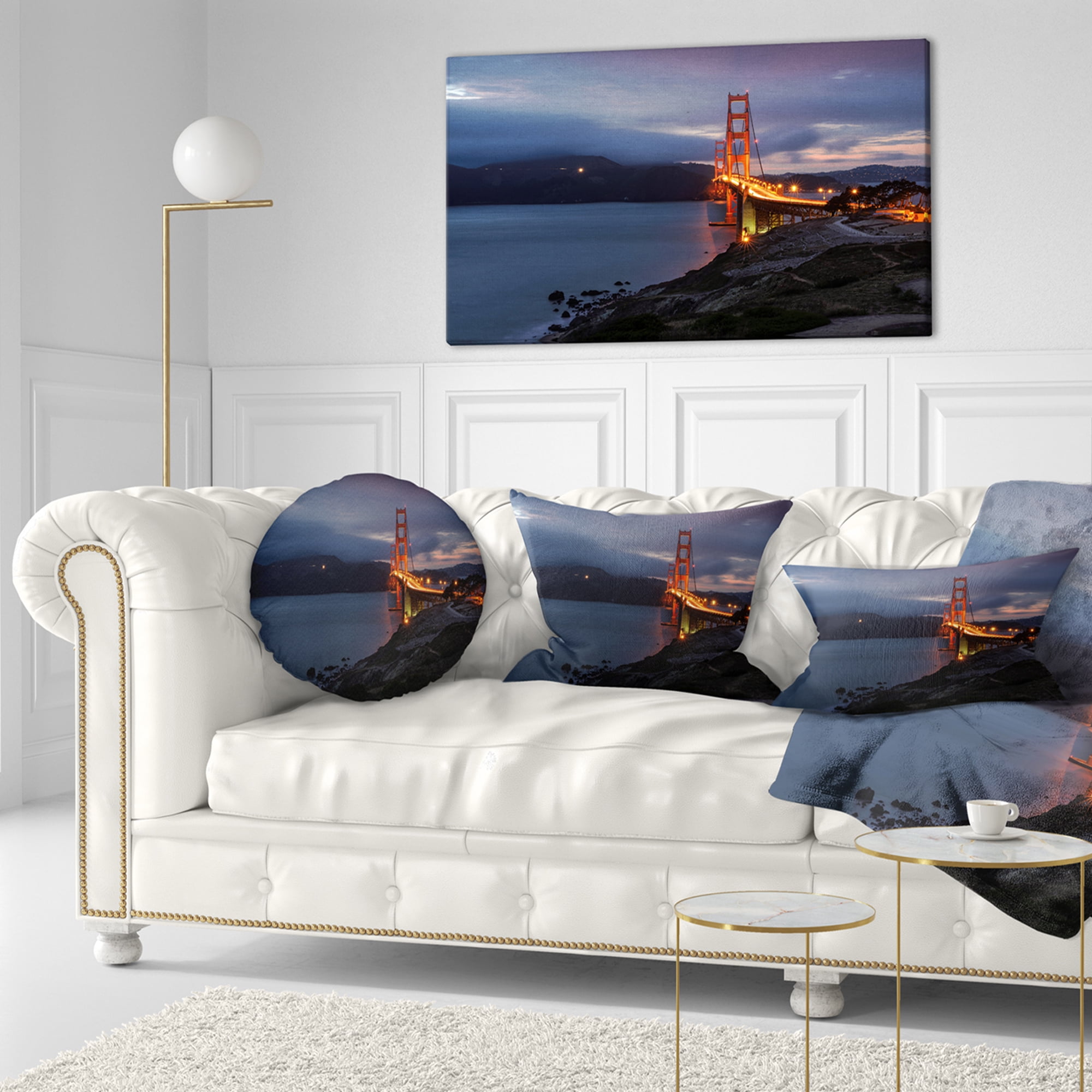 Designart Golden Gate with Night Illumination - Sea Bridge Throw Pillow - 12x20