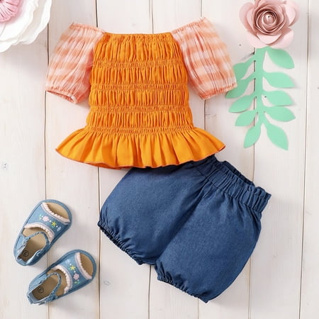 

Hunpta Newborn Toddlers Kids Girl Clothes Stripe Soild Top Jeans Shorts Pants 2Pcs Outfits Set