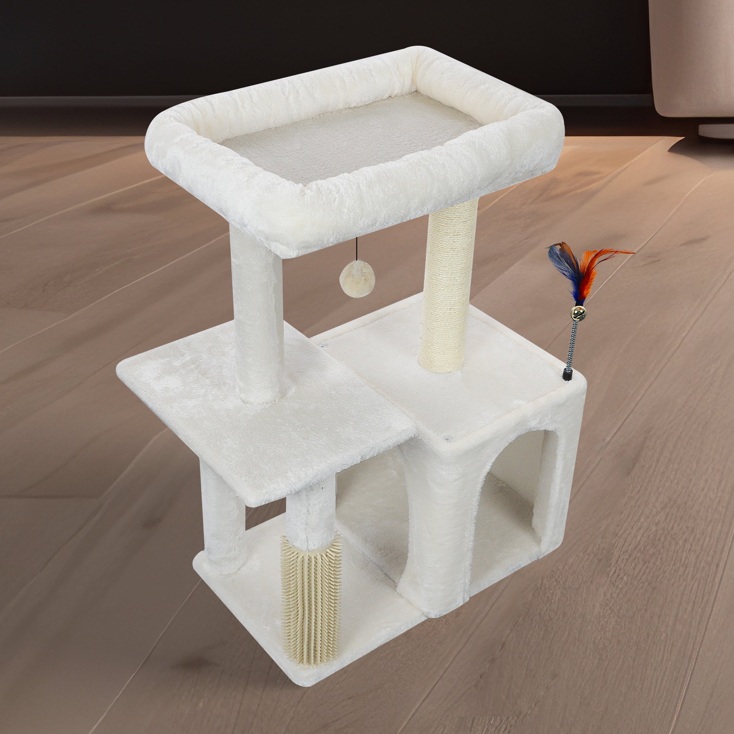 AIWIKIDE 31.50" Cat Tree for Indoor Cats with Cat Condo and Scratching Post,Cute Cat Tower with Self-Grooming Brush and Toy Balls,Beige