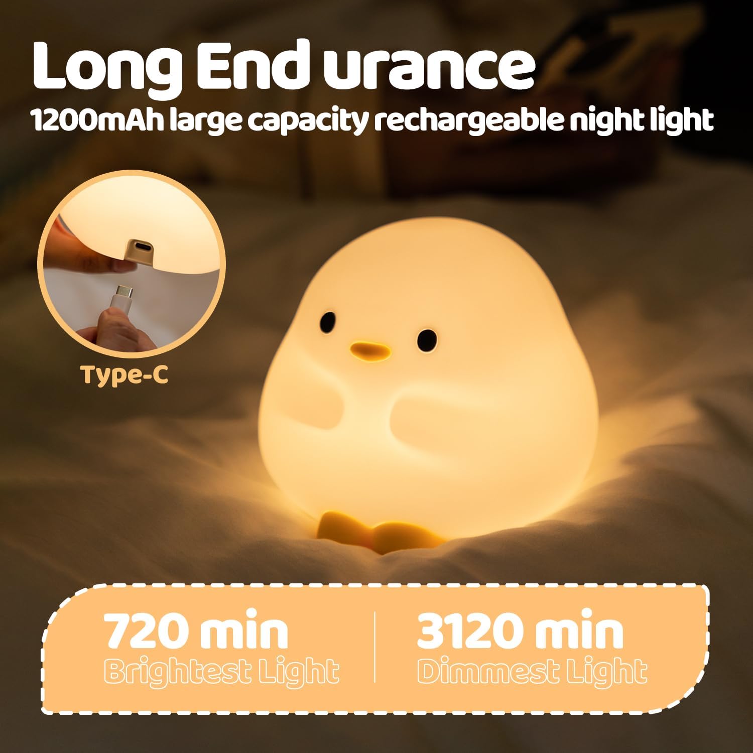 Duck Night Light, Color Changing Mode & 50-Hour Battery, Squishy Silicone Lamp for Kids Room, USB Rechargeable with Timer, Easter Gifts
