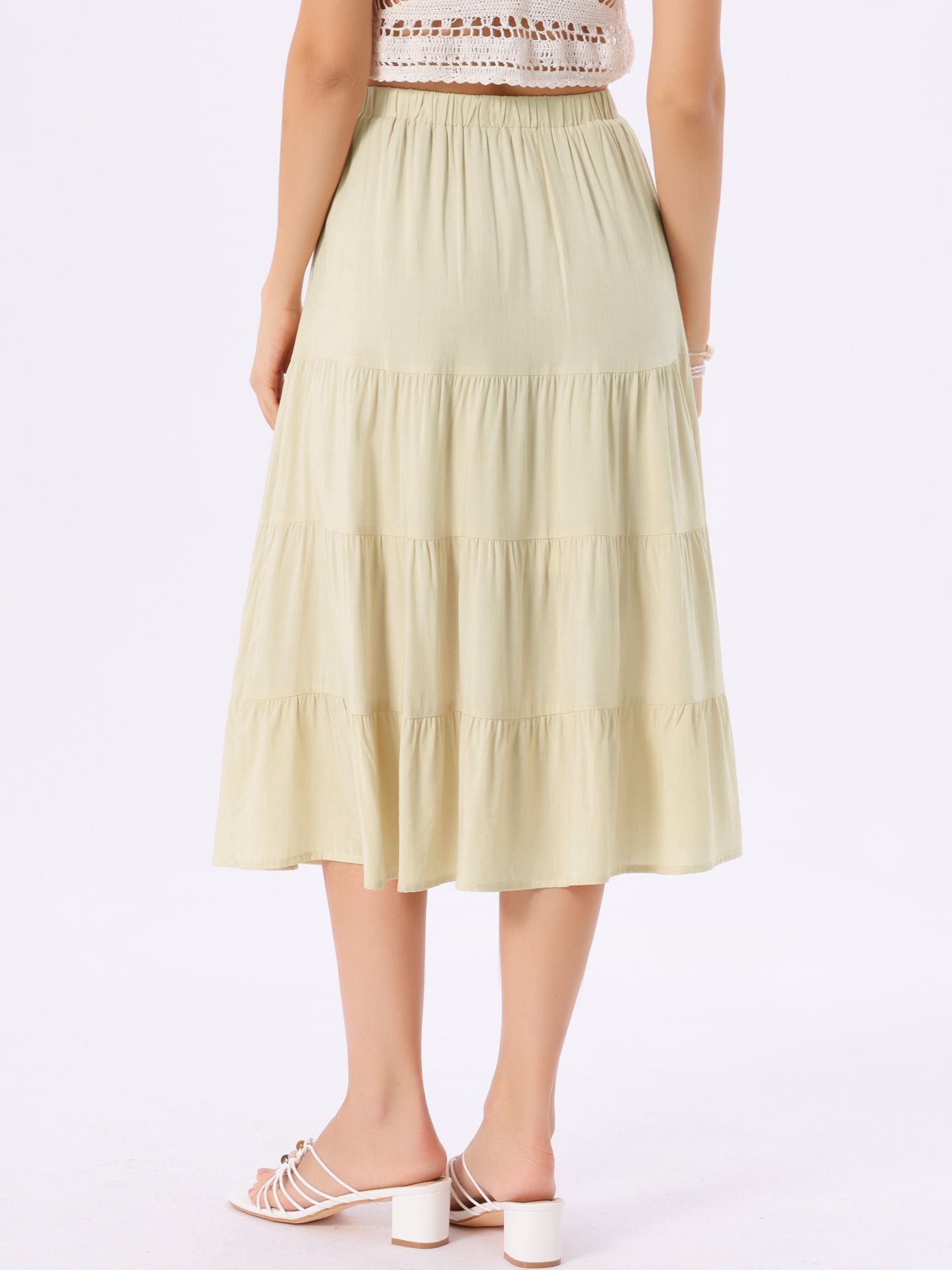 DARING DIVA Women's Flare Tiered Pleated Solid Elastic Waist A-Line Skirt S Apricot
