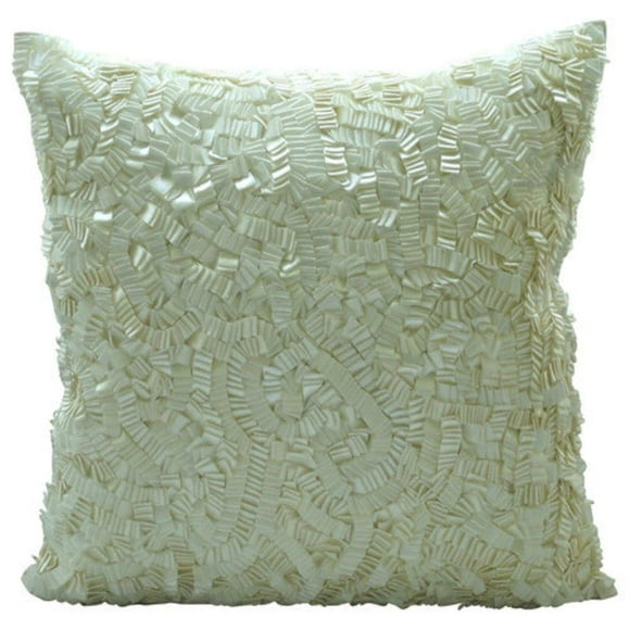 Sham Pillow Cover, Decorative Ivory Euro Pillow Shams 26x26 inch (65x65 cm), Silk Euro Pillowcases, Solid Color, Ribbon Embroidery, Modern Euro Size Pillow Shams - Ivory Elegance