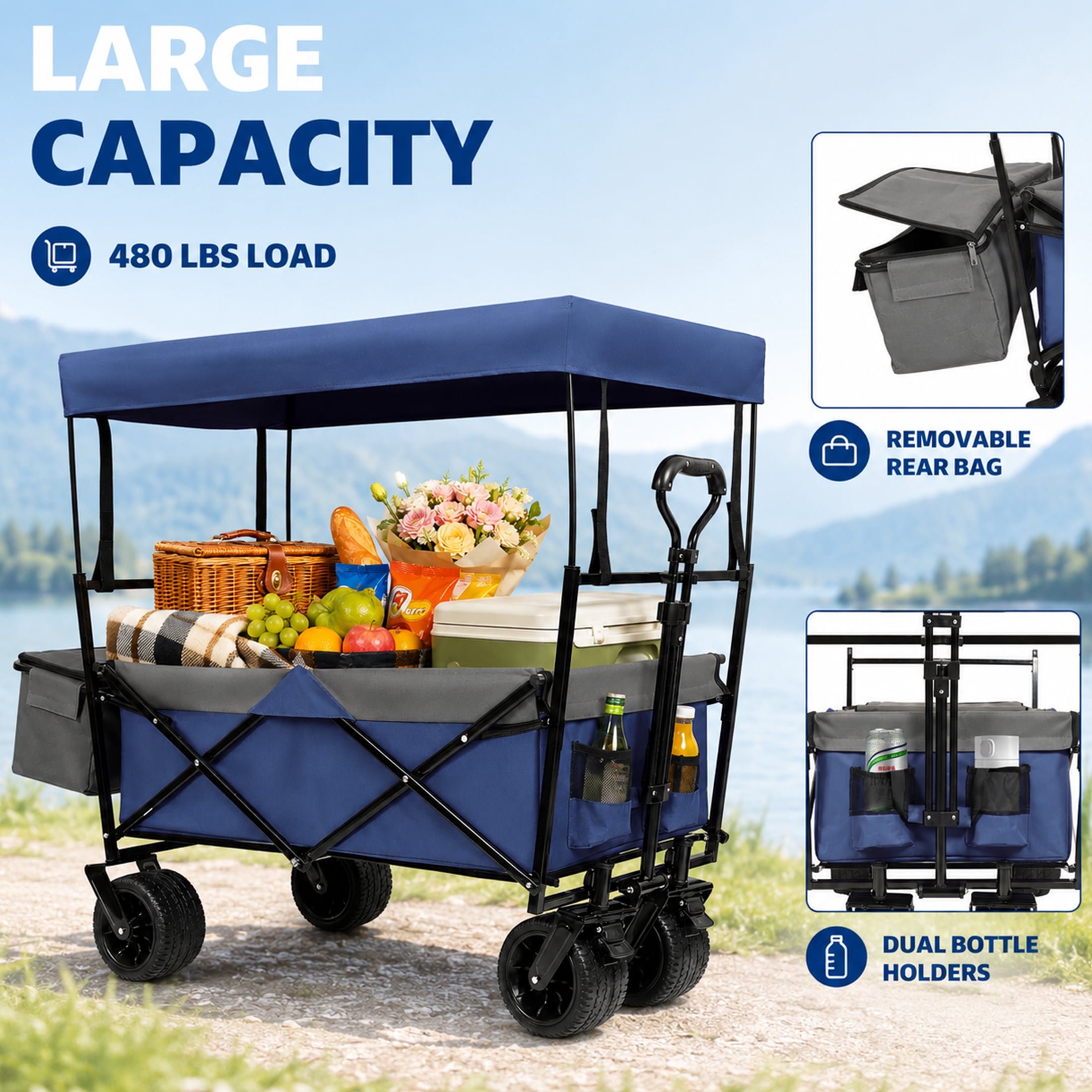 480 lbs Collapsible Wagon with Canopy & Mosquito Net, Heavy Duty Folding Wagon Stroller with 7"x4" All-Terrain Wheels, Cup Holders for Camping, Shopping, Dark Blue