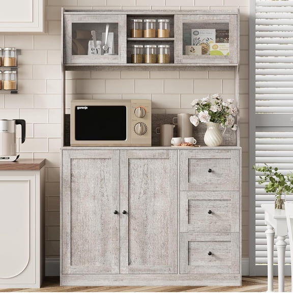 EastVita Kitchen Pantry Cabinet with Storage Buffet Cabinet with Countertop for Microwave Stand Tall Sideboard Storage Hutch Cabinets with LED 3 Drawers and Adjustable Shelves for Dining Room Grey