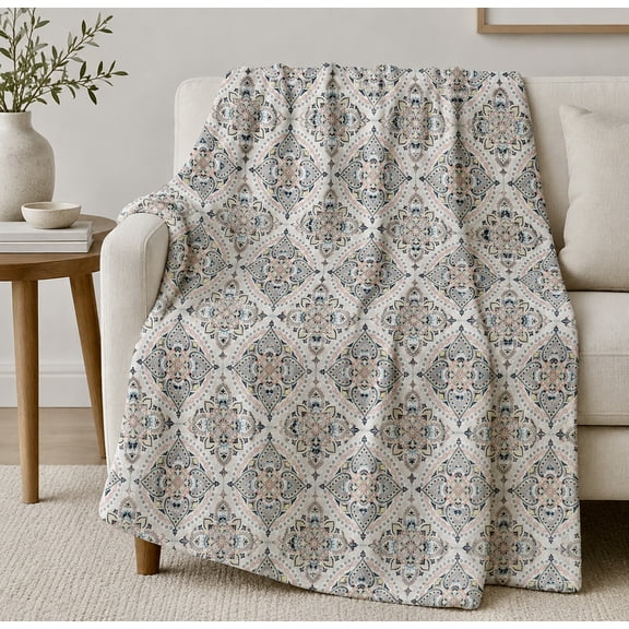 Serafina Home Decorative Throw Blanket: Colorful Floral Medallion Design Accent for Couch or Bed, Colors: Coral Blush, Yellow, Beige