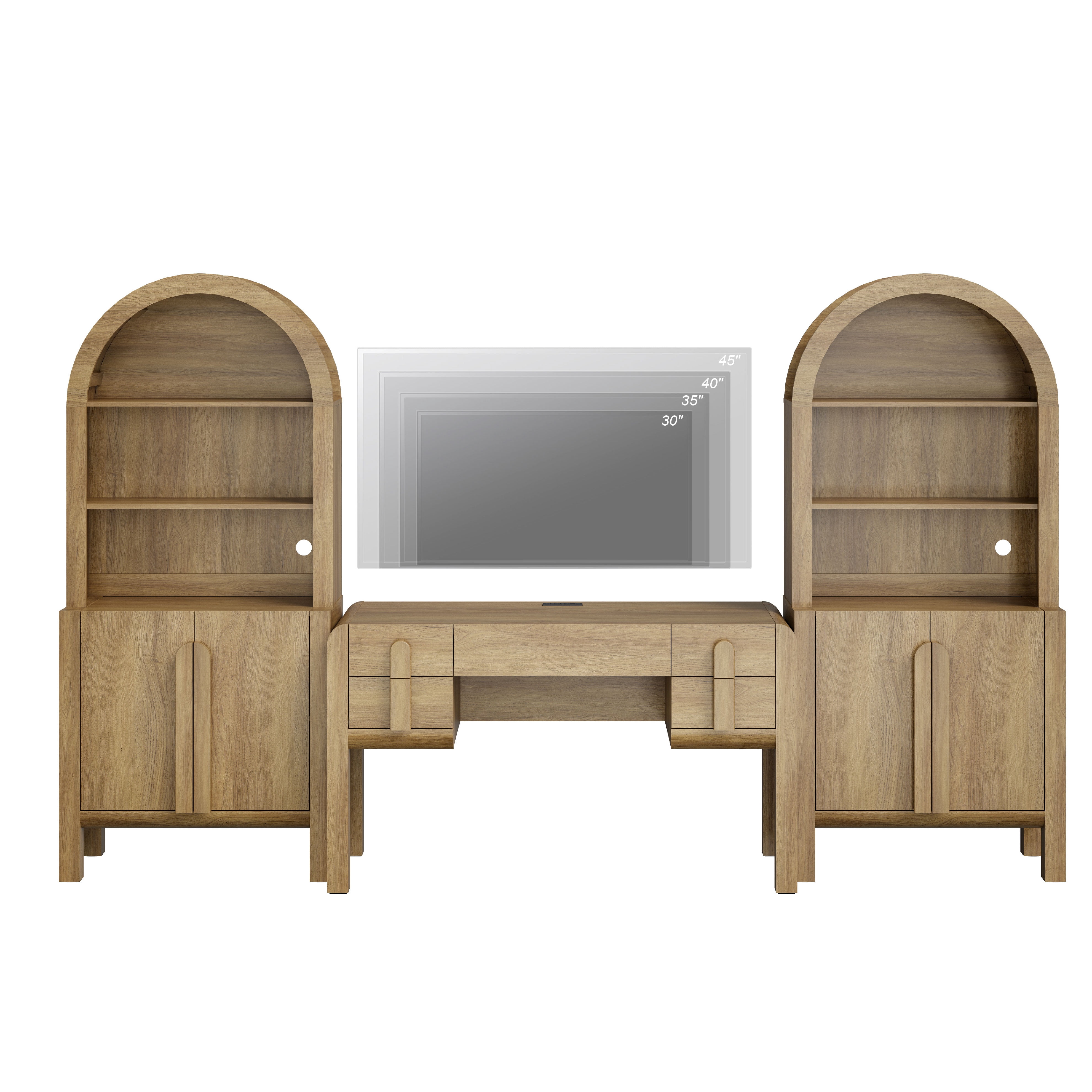 Home Office Set, 53.5" Modern Executive Desk with Charging Station and Drawers & 2 Piece 71"H Tall 5-Tier Arched Bookcases with Storage Cabinet for Living Room, Bedroom, Home Office