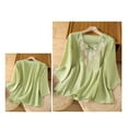 thumbnail image 4 of yunLCZ Women Shirts Women's Loose Cotton Elegant Summer Five Part Sleeve Top Temperament 2025 Literary Retro Round Neck Embroidered Shirt Women's Short Sleeve T Shirt Office Shirts Green XL, 4 of 4