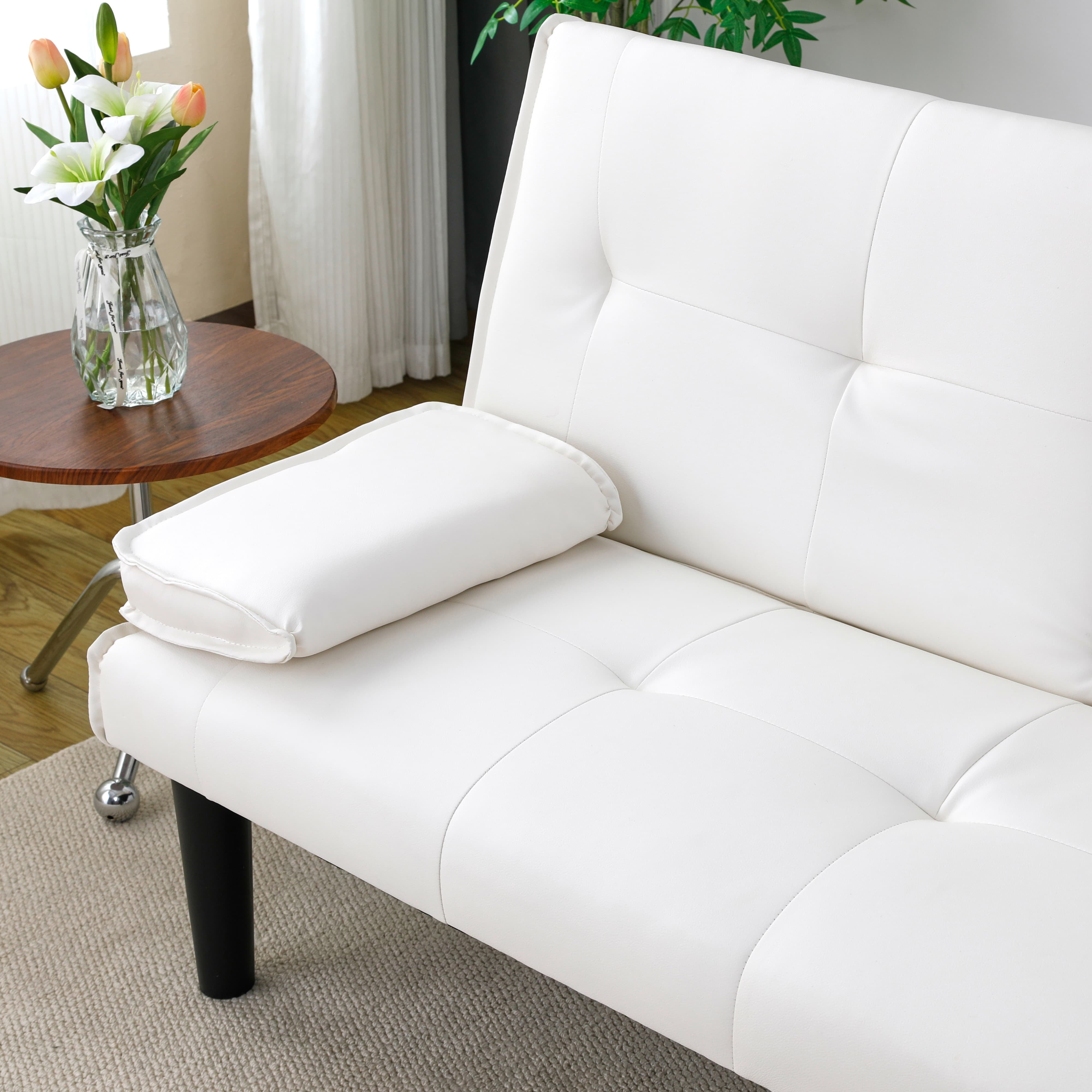 MAYEERTY 67" Convertible Sofa Bed PVC Loveseat Sofa with Cup Holder for Apartment, Living Room, Small Space, White