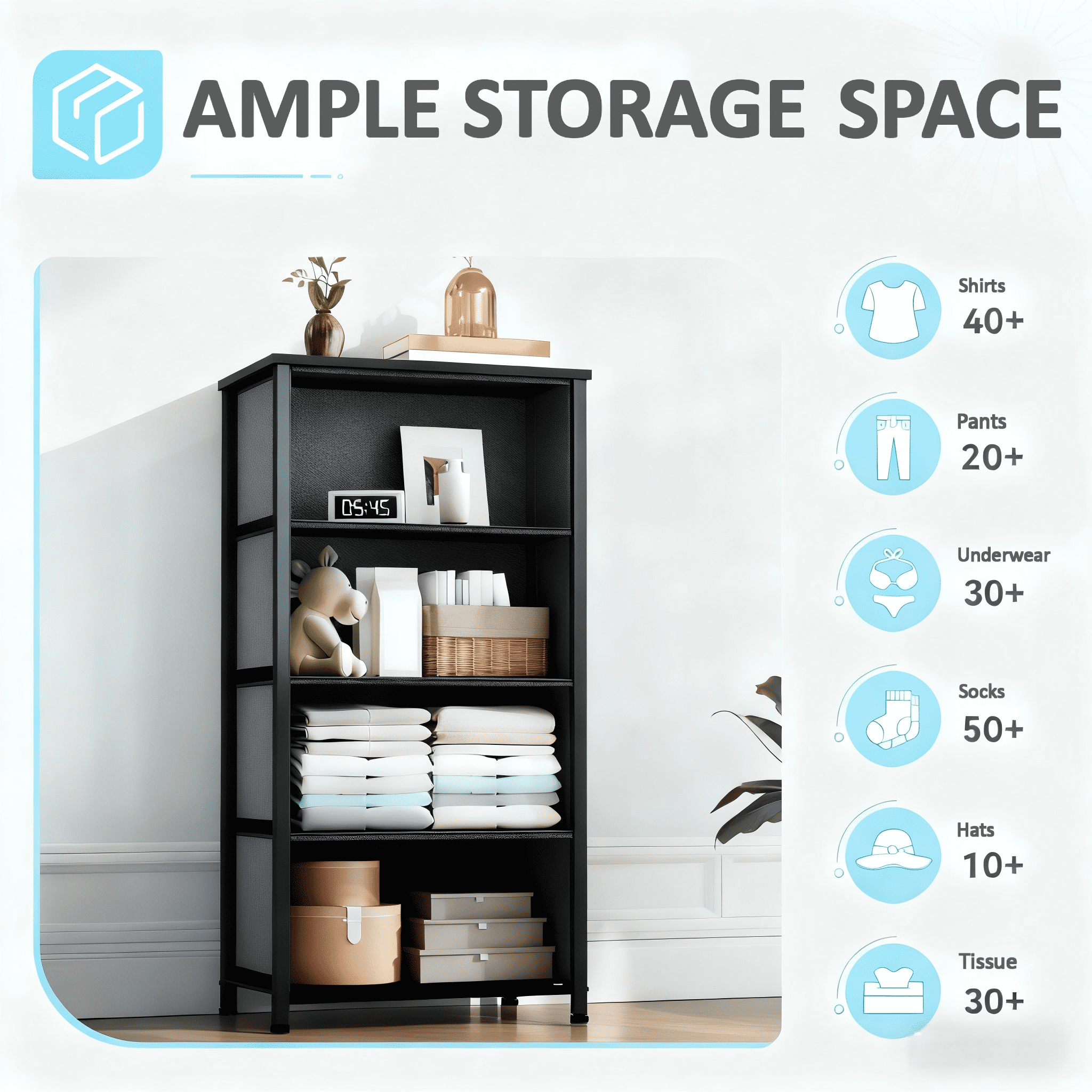 CONCETTA 4 Drawer Dresser, Wide Chest Drawers Nightstand Storage Tower Storage Fabric Dresser With Wood Top for Living Room, Bedroom, Closet, Black Wood