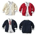 thumbnail image 2 of Chenyin Baby Kids Boys Button-Down Knit Sweater 3PCS Set Knit Cardigan Jacket + White Shirt with Tie Spring Fall Toddler Boys Cotton School Uniform Outfit for 1-6 Years, 2 of 9