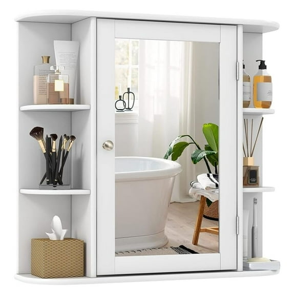 WDZS Bathroom Medicine Cabinet with Mirror, Wall Mounted Home Storage with Door & 6 Open Shelves, Adjustable Shelves, Mirrored Bathroom Wall Cabinet (White)