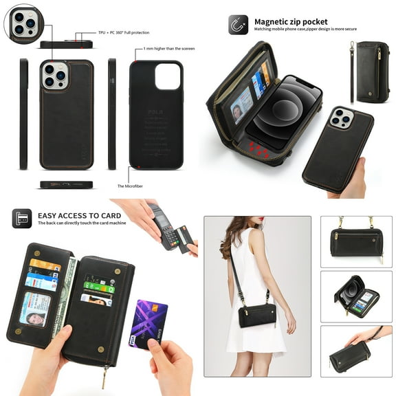 Feishell Multifunctional Crossbody Wallet Case for iPhone 13 Pro,Magnetic Detachable Case Premium PU Leather Zipper Pocket Multi Card Slots Phone Case with Wrist Strap & Shoulder Strap,Black