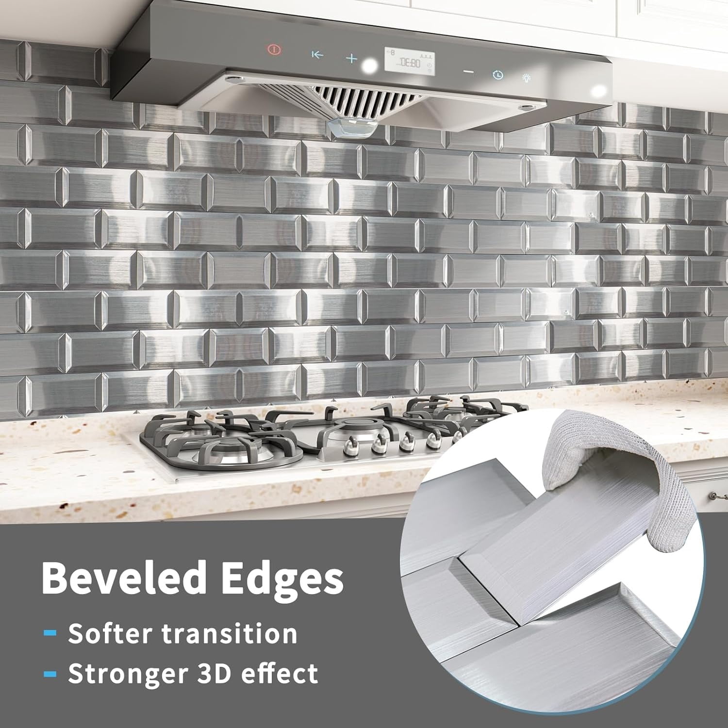 100 Pcs Peel and Stick Backsplash Tiles, 3D Textured Metal Stick On Subway Wall Tiles for Kitchen Back Splashes, Bathroom, Laundry Room, 3 x 6 Inch, Stainless