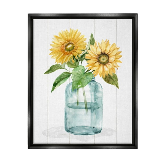 Stupell Industries Cottage Sunflower Blossom Vase Graphic Art Jet Black Floating Framed Canvas Print Wall Art, Design by Livi Finn
