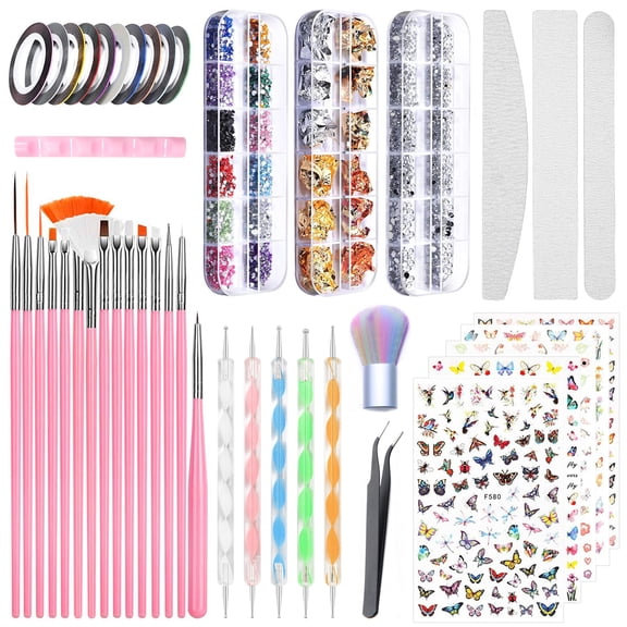 cyrico 78Pcs Nail Art Brushes Set, Nail Art Tools Kit, Dotting Tools, Nail Art Pens Dust Brush Nail Foils Nail Stickers Nail File Nail Rhinestones for Nails Decorations Manicure Design