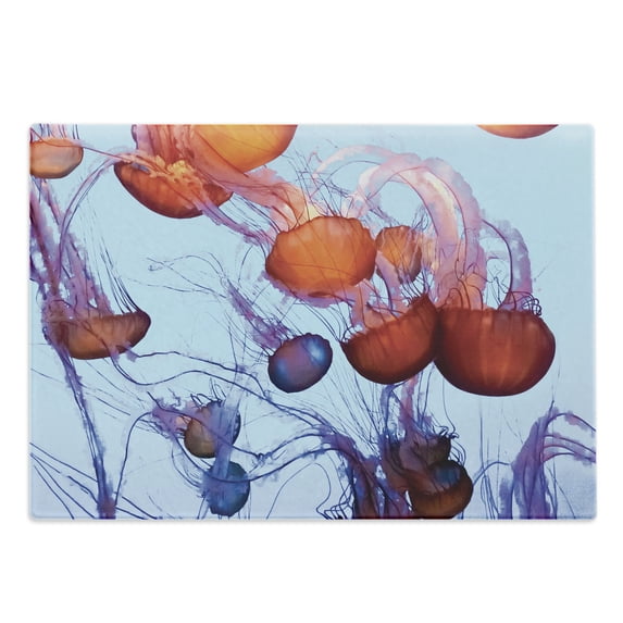 Nautical Cutting Board, Colorful Jellyfish in Ocean Seaside Waterdrop Detailed Composition Sea Life, Decorative Tempered Glass Cutting and Serving Board, Large Size, Pale Blue Rust, by Ambesonne