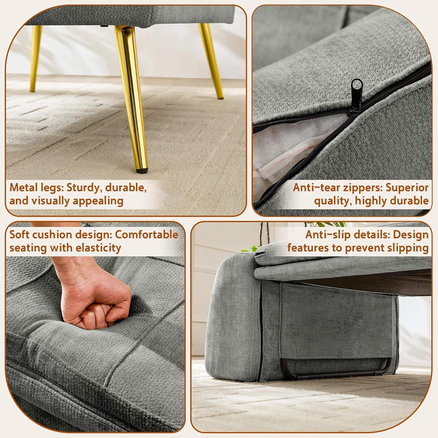 Akaber 3-in-1 Futon Sofa Bed, Chenille Sleeper Chair with Back Support & Pillow, Wood Frame, Metal Legs