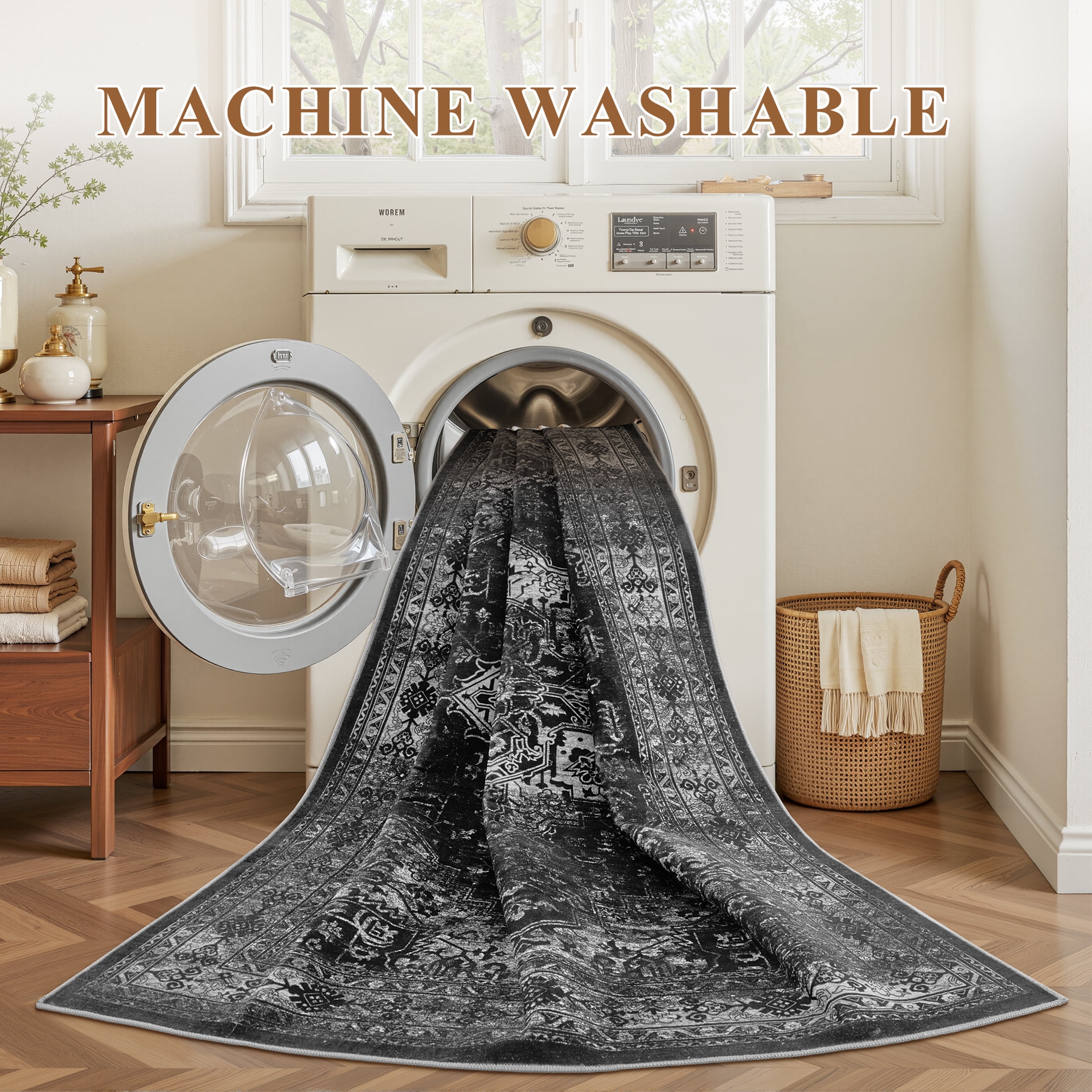 UERMEI 9x12 Washable Area Rugs for Living Room, Modern Vintage Printed Rug, Vacuum-Friendly, Non Slip Indoor Rug for Bedroom Dining Room Home Decor Carpet, Black