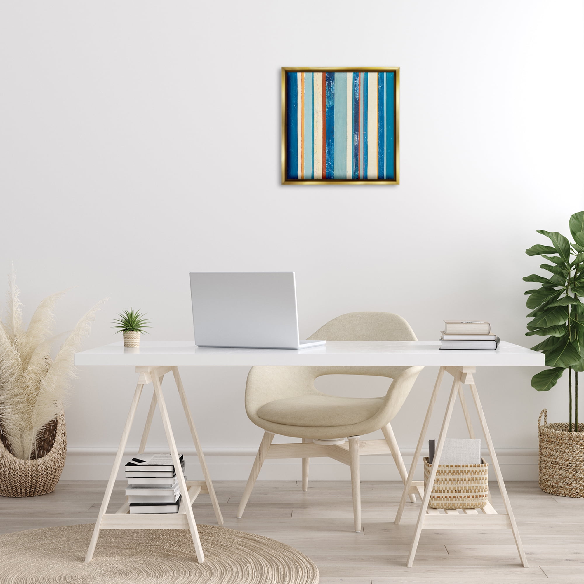Stupell Industries Distressed Blue Stripes Abstract Painting Gold Floater Framed Canvas Art Print Wall Art, 18 x 18