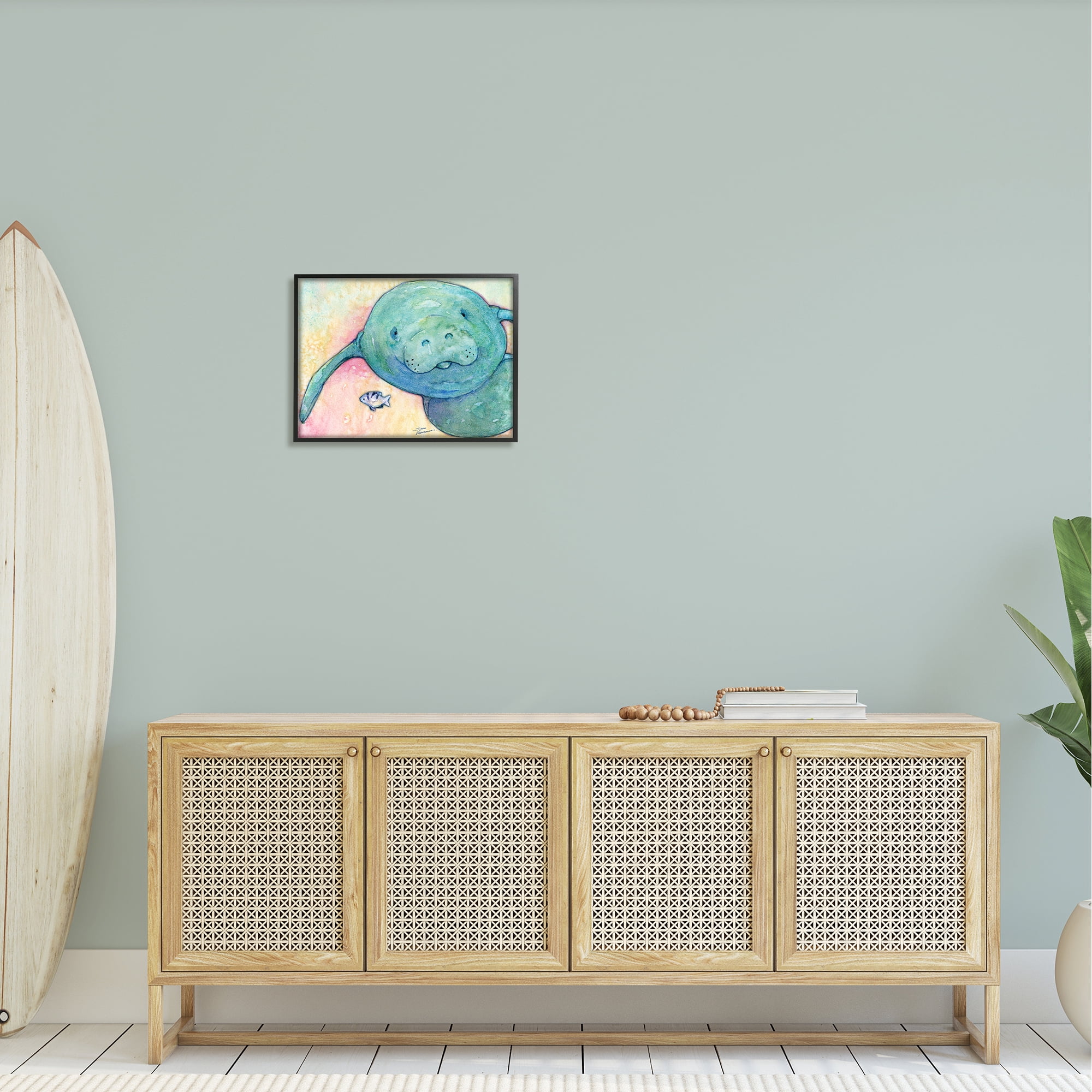 Stupell Industries Smiling Manatee Aquatic Wildlife Fish Rainbow Pattern Painting Black Framed Art Print Wall Art, Design by Steve Vanderbosh