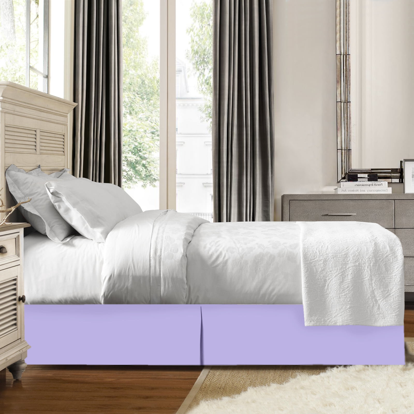 14" Tailored Pleated Bed Skirt Dust Ruffle, Full XL, Lavender, by Clara Clark