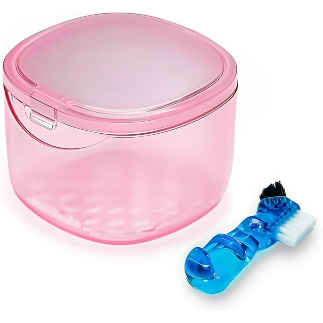 EZEELAI Travel Denture Case Denture Soaking Container with Brush, Denture Cleaning Case Retainer Bath Box Case False Teeth Container - Leak Proof & Lid Waterproof - Transparent Pink