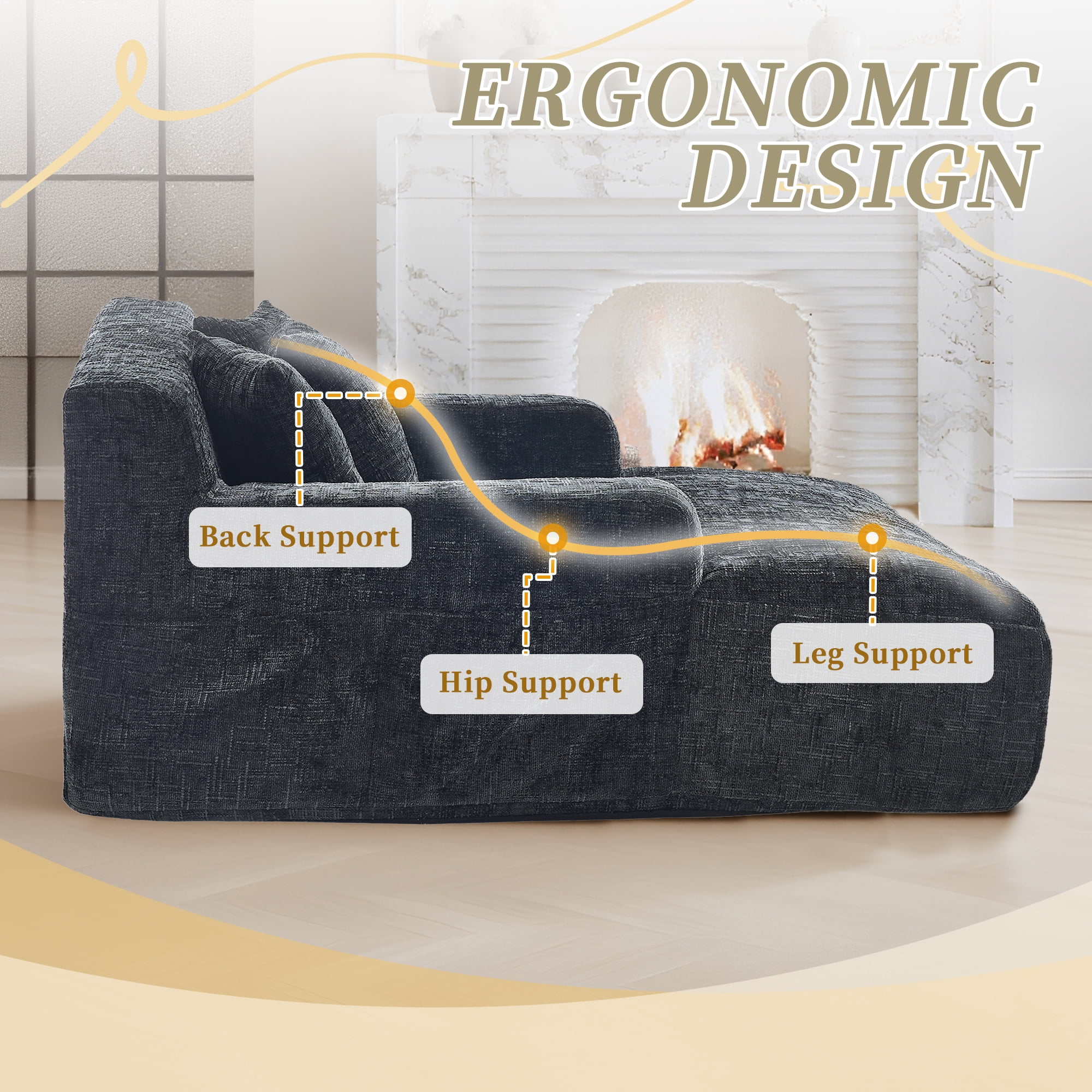 MOONMISS Oversized Chaise Lounge Chair Indoor Furniture, No Assembly Required, Plush Chenille Cloud Floor Sofa Bed for Living Room,Black