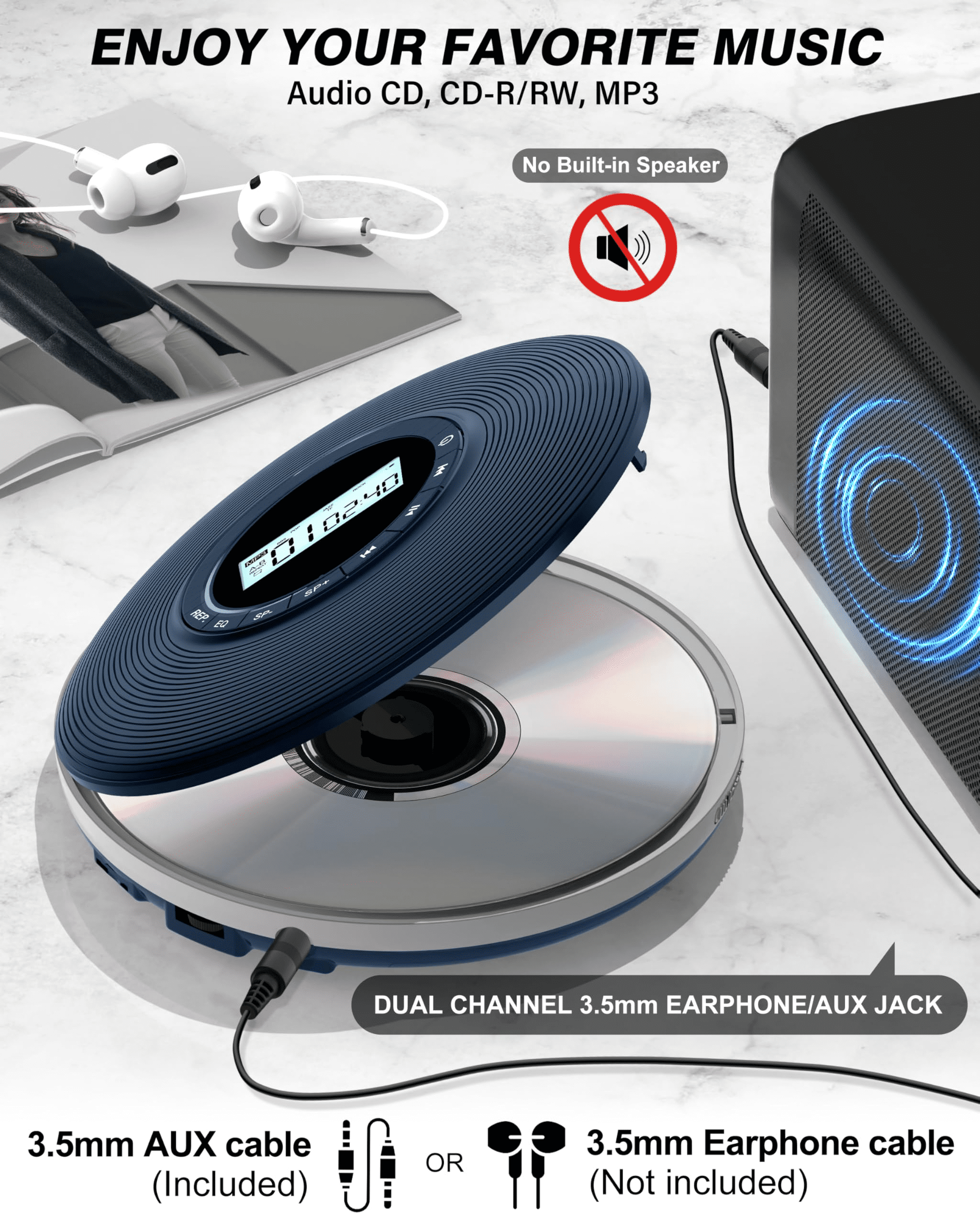 Greadio Portable CD Player, 1000mAh Disman CD Player for Car, Battery Powered Personal CD Music Player with Headphones Jack, Aux-Out Cable/TF Slot, LCD Display, Anti Skip for Home