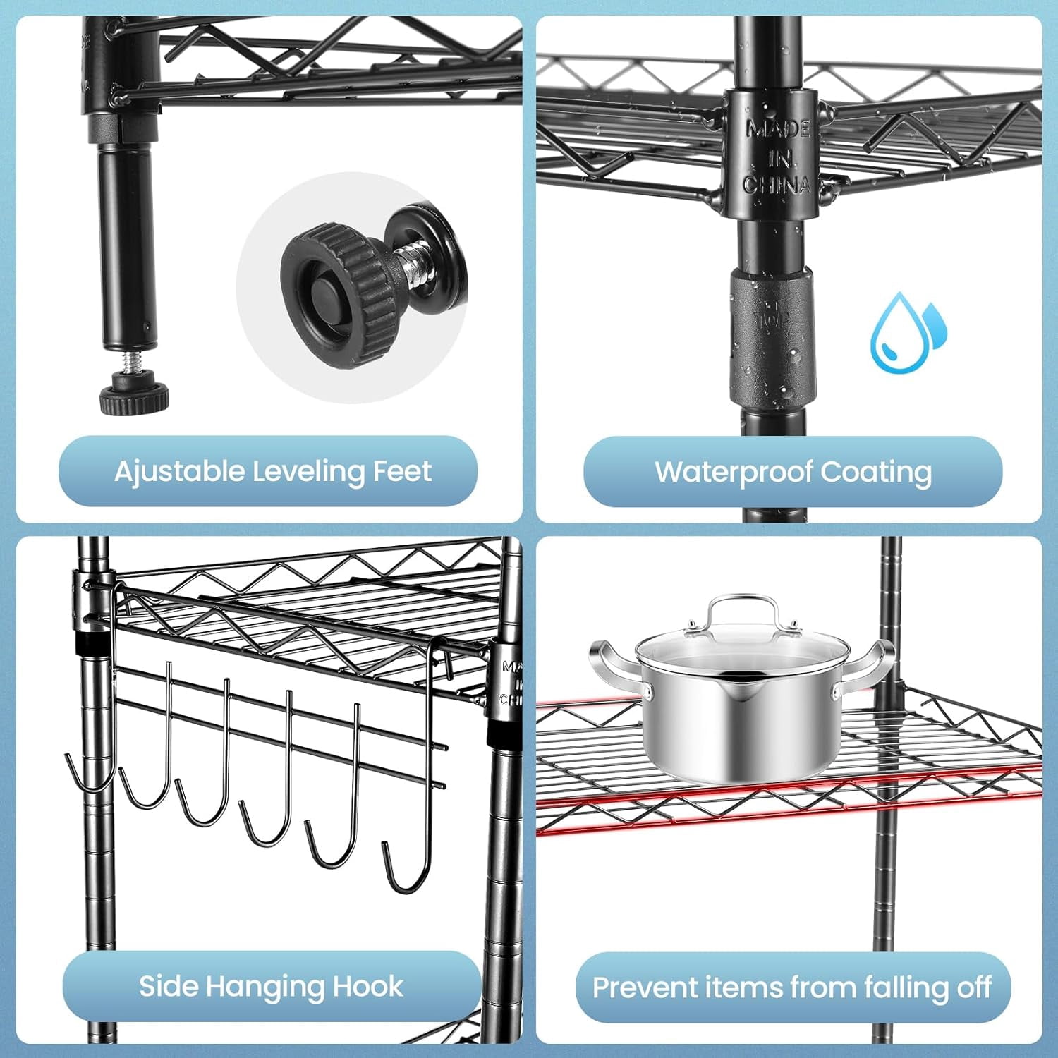 Sailvan 6-Tier 63"H Metal Storage Rack with Wheels, Slim Wire Shelving Unit for Pantry Kitchen Bathroom, Adjustable Shelves with Hooks, 530lbs Cap,Black