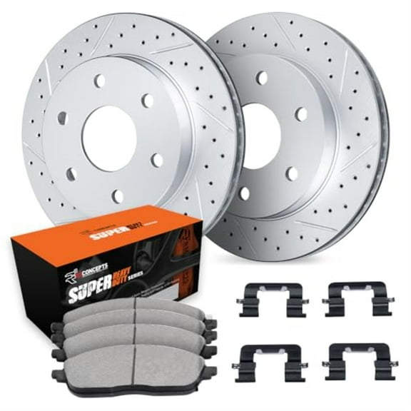 R1 Concepts Drilled and Slotted Carbon Coated Disc Brake Rotor Set with Super Duty Pads and Hardware WBXH1-99163