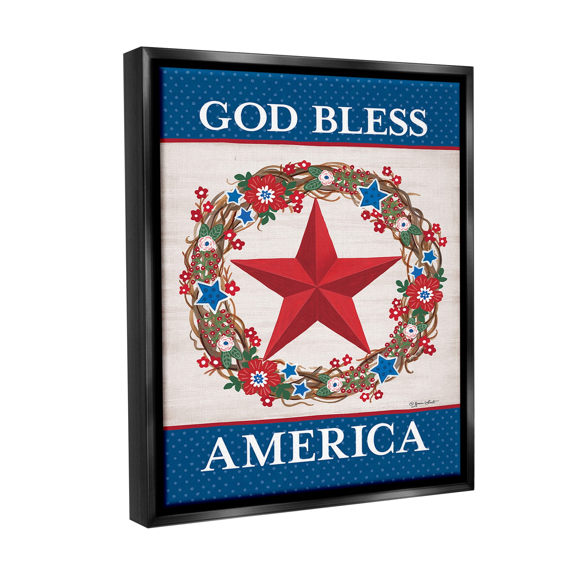 Stupell Industries God Bless America Wreath Botanical & Floral Painting Black Floater Framed Canvas Art Print Wall Art, 17 x 21