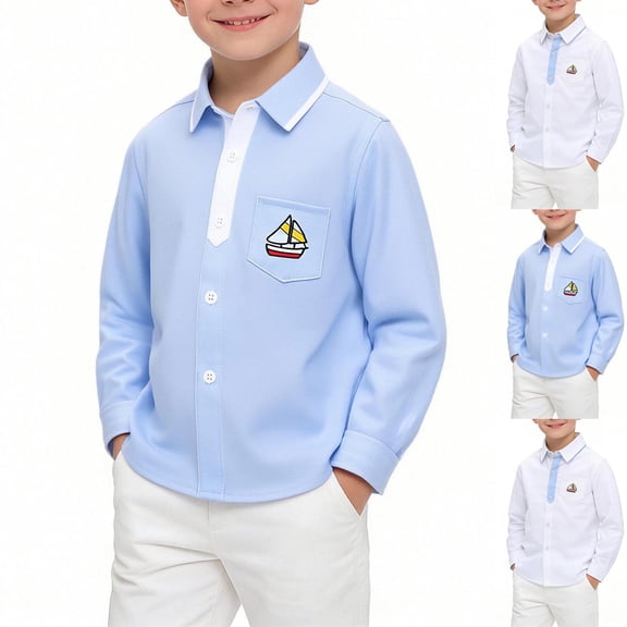 Afuyipoi Boys School Uniform Shirts(For 3-16) Sailboat Embroidered Button-Up Long Sleeve Cotton Back-to-School Pullover Top Blue Size 3T