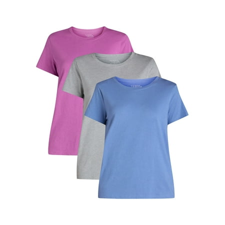 Time and Tru Women's Cotton Crewneck Tee with Short Sleeves, 3-Pack, Sizes XS-XXXL