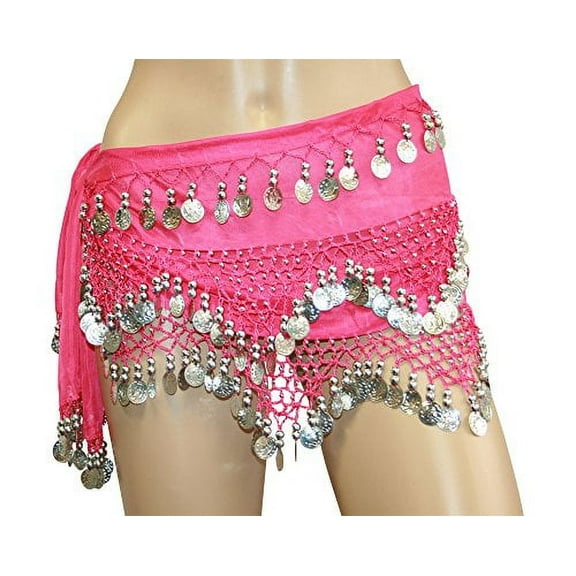Hip Shakers Belly Dance Rectangle Hip Scarf Wrap Belt Skirt Triangle Silver Coins Waist Chain Fuchsia Silver