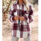 thumbnail image 3 of Abrigo de mujer con solapa a cuadros, manga larga, camisa con botones y bolsillos para primavera, otoño e invierno, color rojo XXL, 3 of 6