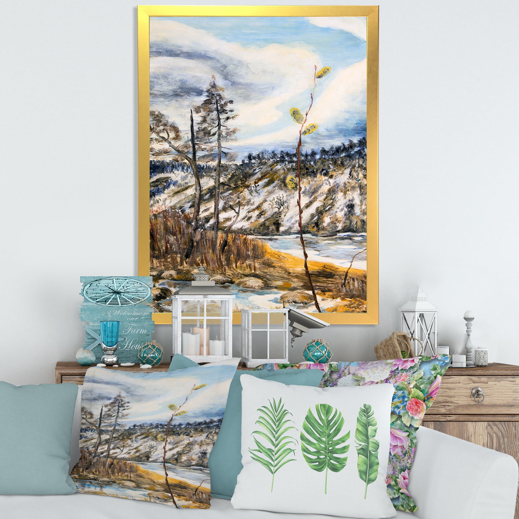 Designart 'The Cloudy Sky and The River With Spring Landscape' Lake House Framed Art Print