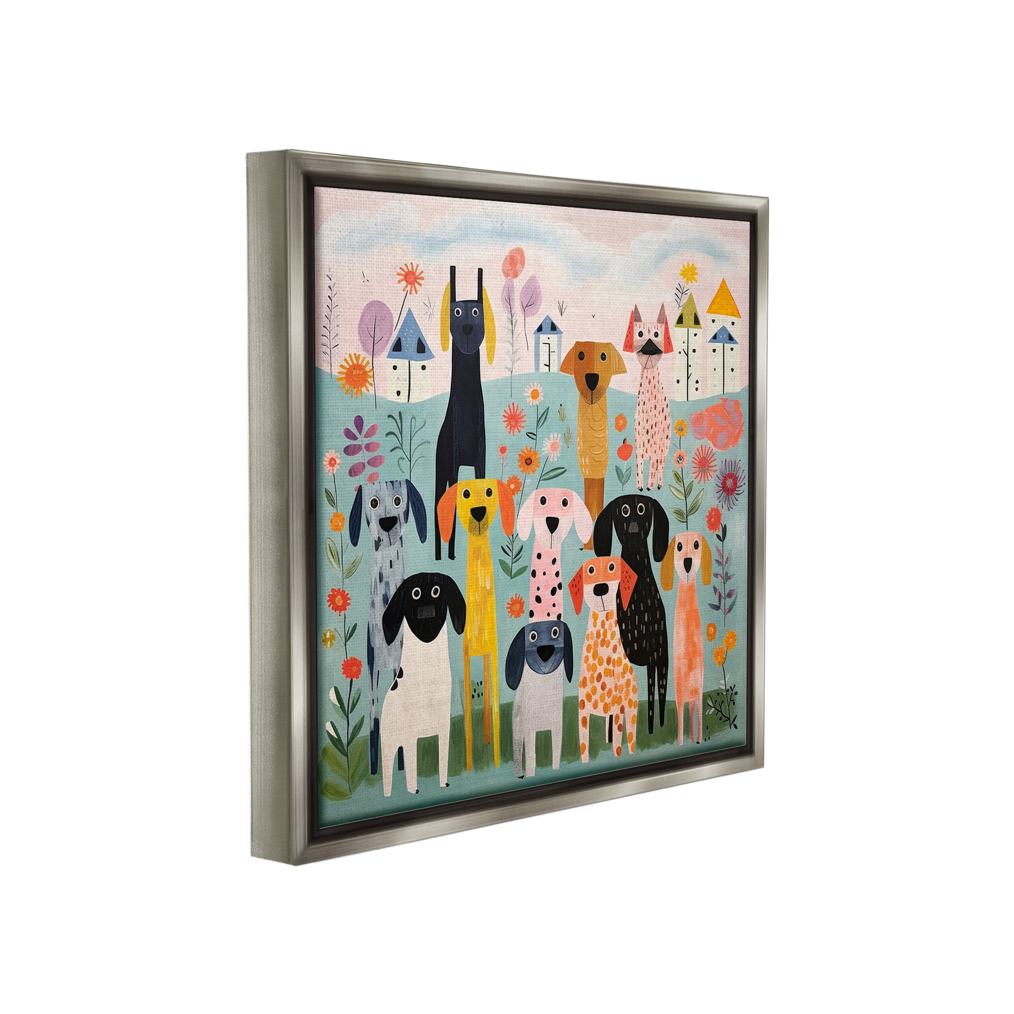Stupell Industries Patterned Dogs in Yard Animals & Insects Painting Gray Floater Framed Canvas Art Print Wall Art, 18 x 18