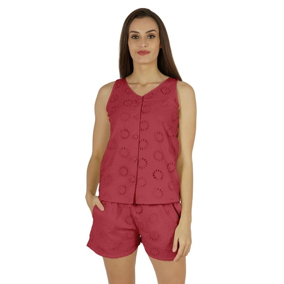 Bimba Solid Schiffli Top And Short Nightwear Set For Womens Casual 2pcs Sexy Lounge Sleepwear