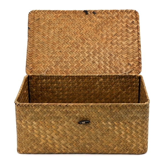 Wicker Shelf Baskets with Lid, Natural Seagrass Storage Basket Boxes Handwoven Rectangular Baskets Bins for Home Organizer Decor
