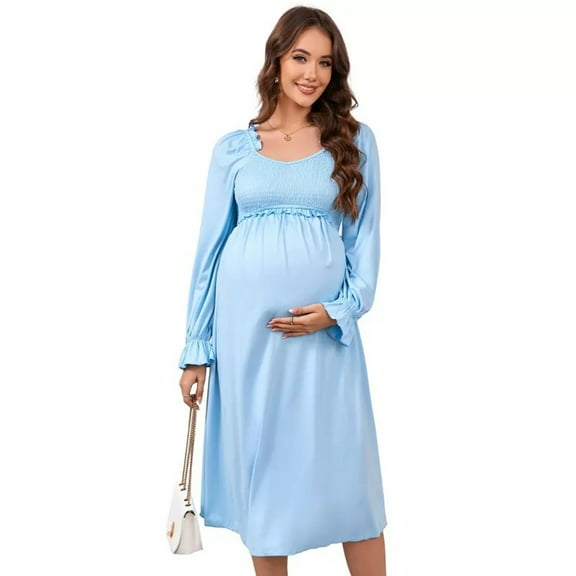 Women's V Neck Maternity Dress Long Sleeve Smocked Chest Midi Dress