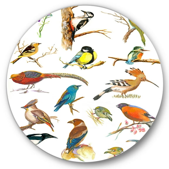 Designart 'Vital Colored Birds Plancard' Traditional Circle Metal Wall Art 36x36 - Disc of 36