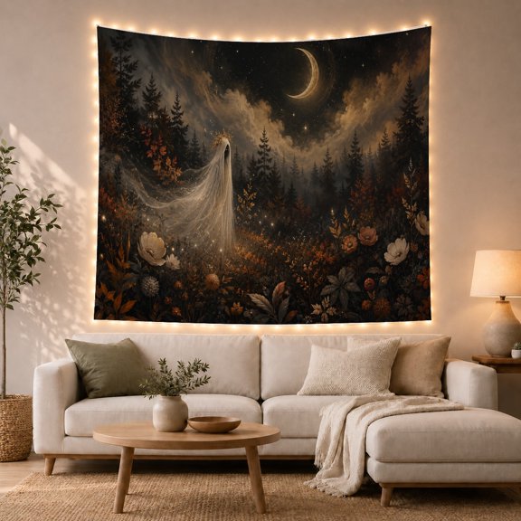 Ethereal Guardian in Moonlit Forest with White Peonies, Mystical Fantasy for Gothic Decor Fans, Mystical Figure Art, Halloween Gift, Tapestry Wall Hanging for Bedroom and Living Room