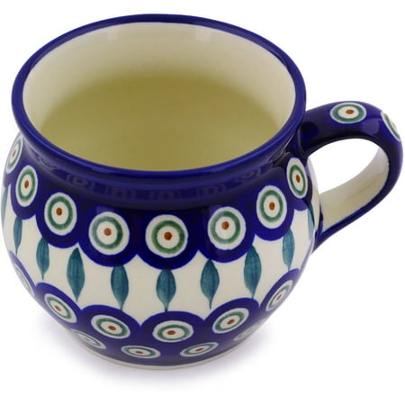 Polish Pottery 15 oz Bubble Mug (Peacock Leaves Theme) Hand Painted in Boleslawiec, Poland + Certificate of