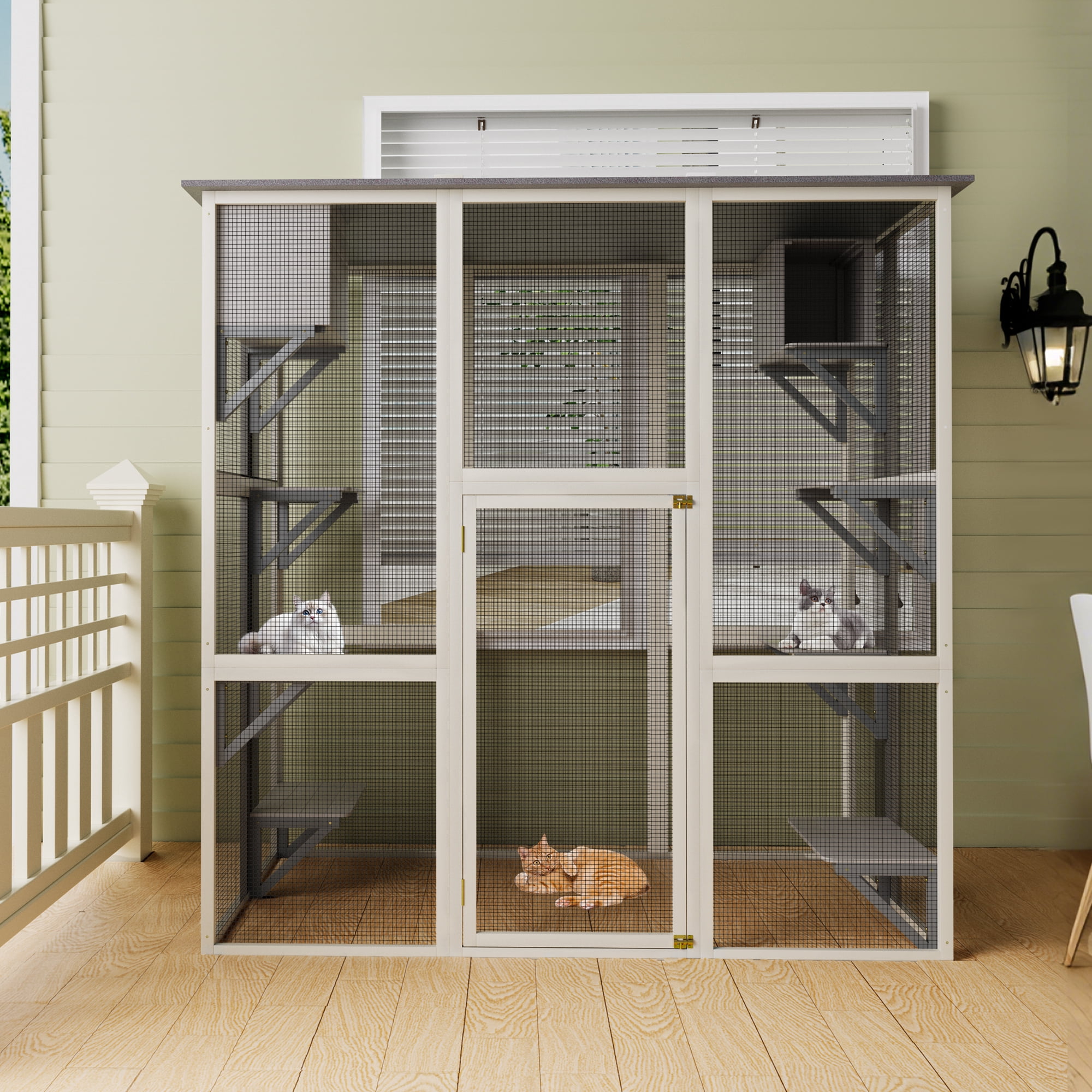 Zephypaws 71in Outdoor Wooden Cat Catio,Large Solid Wood Cat Cage Playpen with 6 Jumping Platforms & 2 Napping Houses,Walk-in Cat Kennel Condo Shelter,Gray