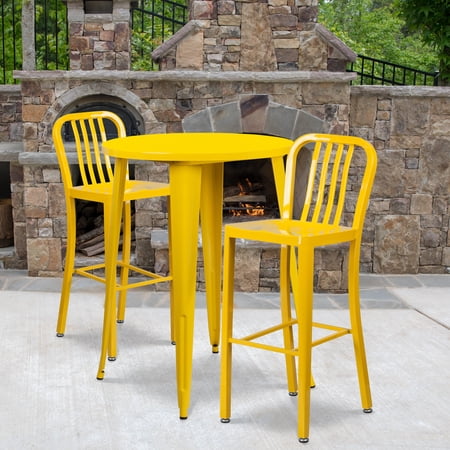 Emma + Oliver Commercial 30  Round Yellow Metal Bar Table Set-2 Vertical Slat Back Stools