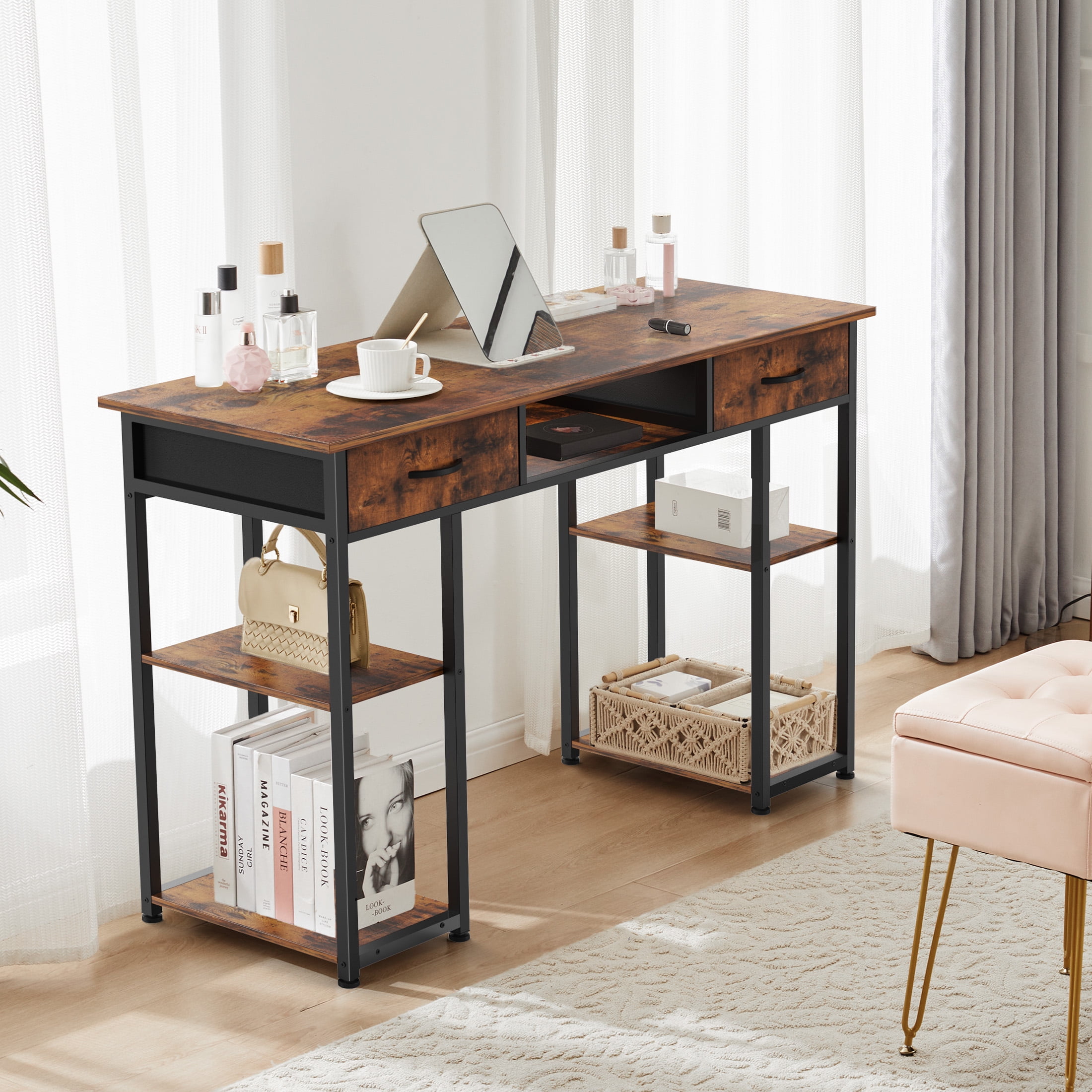 JIOABL Small Desk with 2 Drawers 48 Inch Bedroom Kids Student Vanity Home Office Computer PC Table, Study Writing Wood Deskboard for Small Spaces,Rust Brown