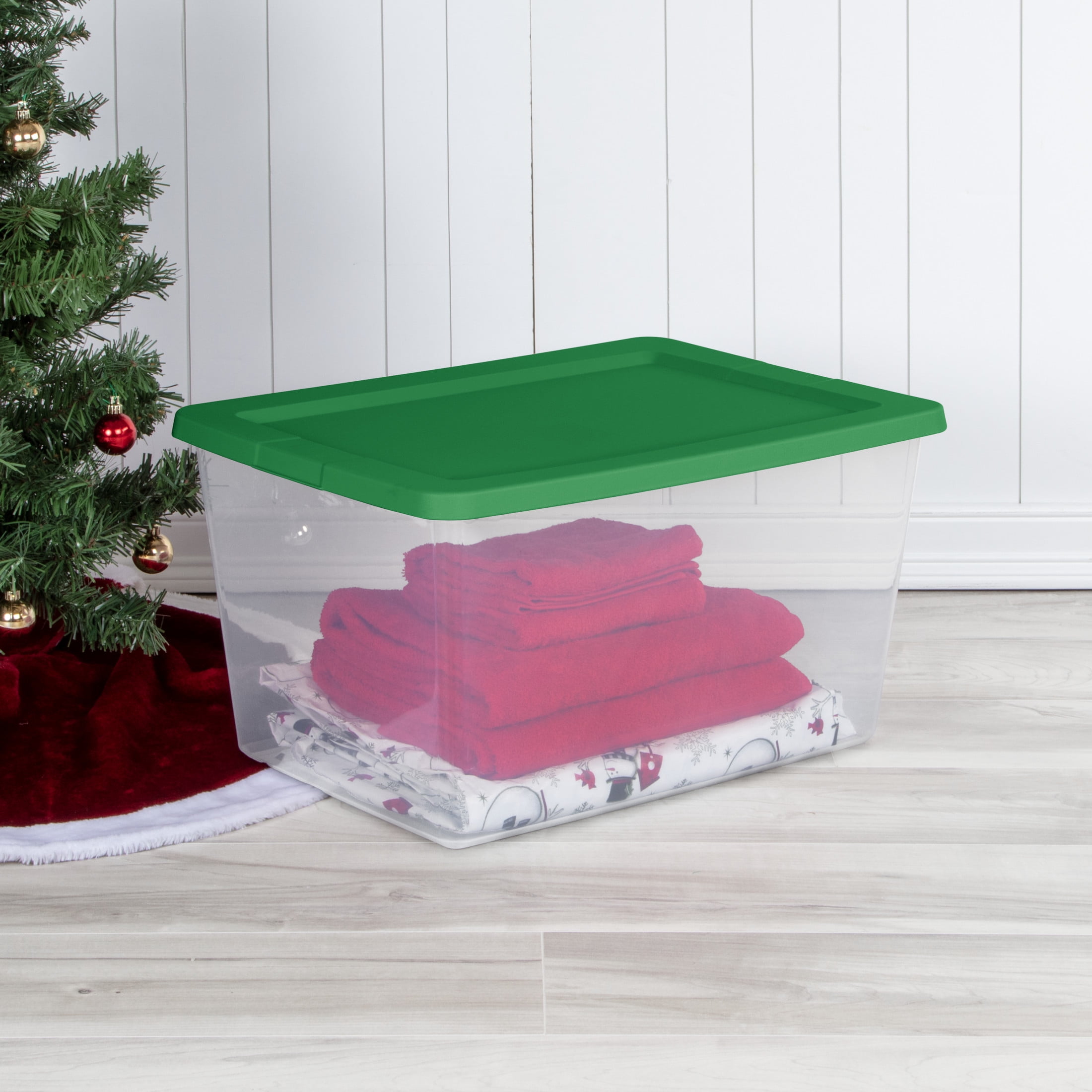 Sterilite Small Storage Bin, 58 Quart Clear Plastic Storage Container with Snap-On Lid, Green, Pack of 8