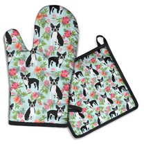 Boston Terriers and Flowers Kitchen Oven Mitt and Pot Holder Sets 2 Pcs for Baking, Cooking and Grilling, Heat Resistant Up To 392 °F