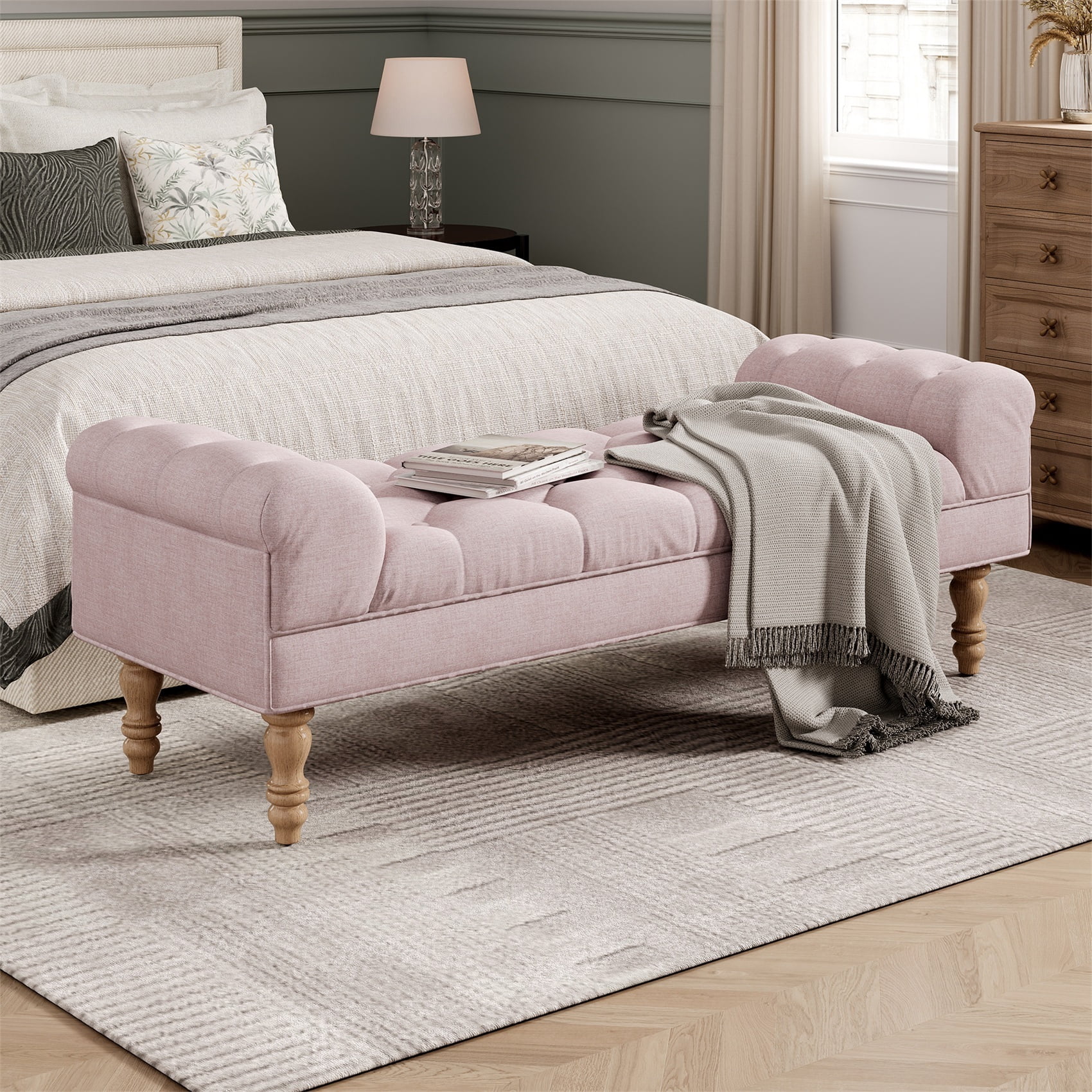 Alvantor Button Tufted End of Bed Benches Large Velvet Upholstered Bench with Pillows for Bedroom,Living Room, Entryway Pink