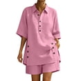 thumbnail image 2 of Cagogo Women Plus Size 2 Piece Shorts Set Casual Summer Cruise Outfits Loose Collared Short Sleeve Shirt Comfy Pants Matching Lounge Tracksuits Travel Airport Outfit Clothes, Pink XL, 2 of 7